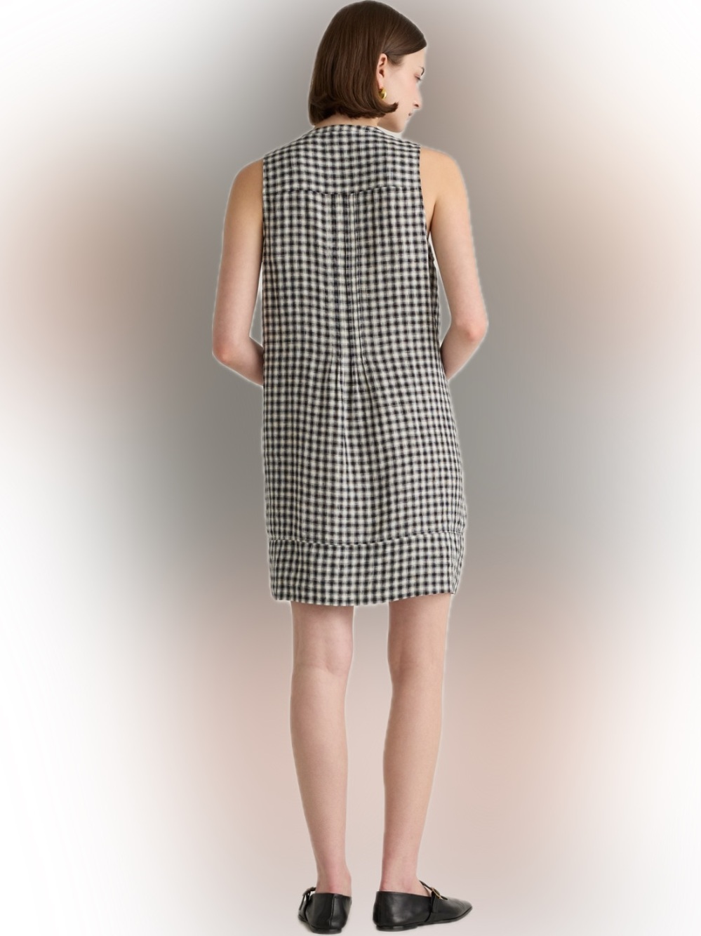 Quince 100% European Flax Linen Cream Black Gingham Sleeveless Shift Dress L - Picture 4 of 8